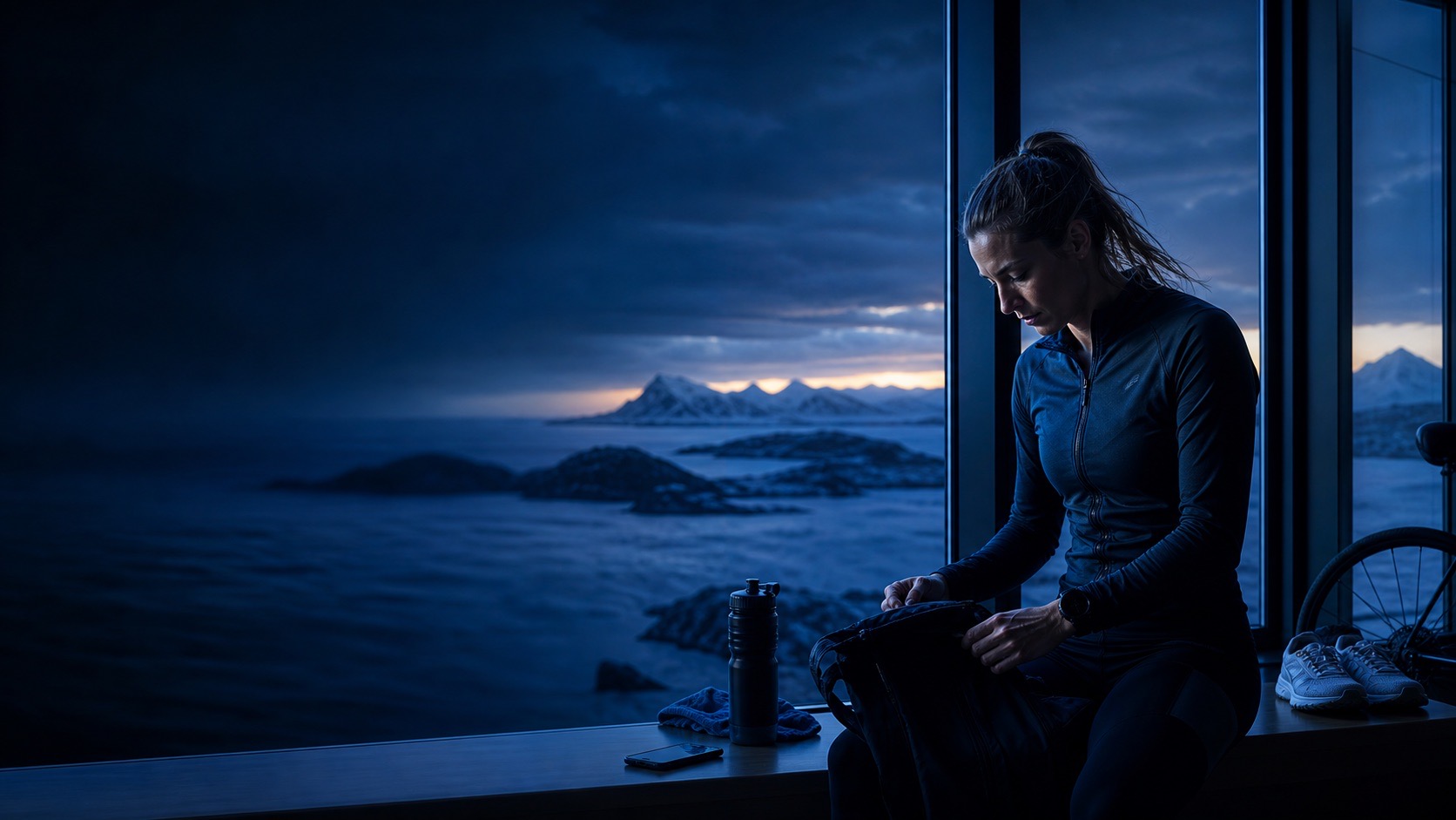 An endurance athlete preparing training kit before dawn beside an Atlantic coastline.