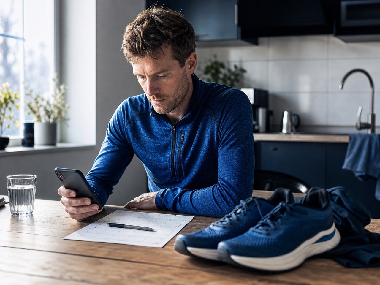 A runner reviewing a phone beside a training calendar and running shoes.